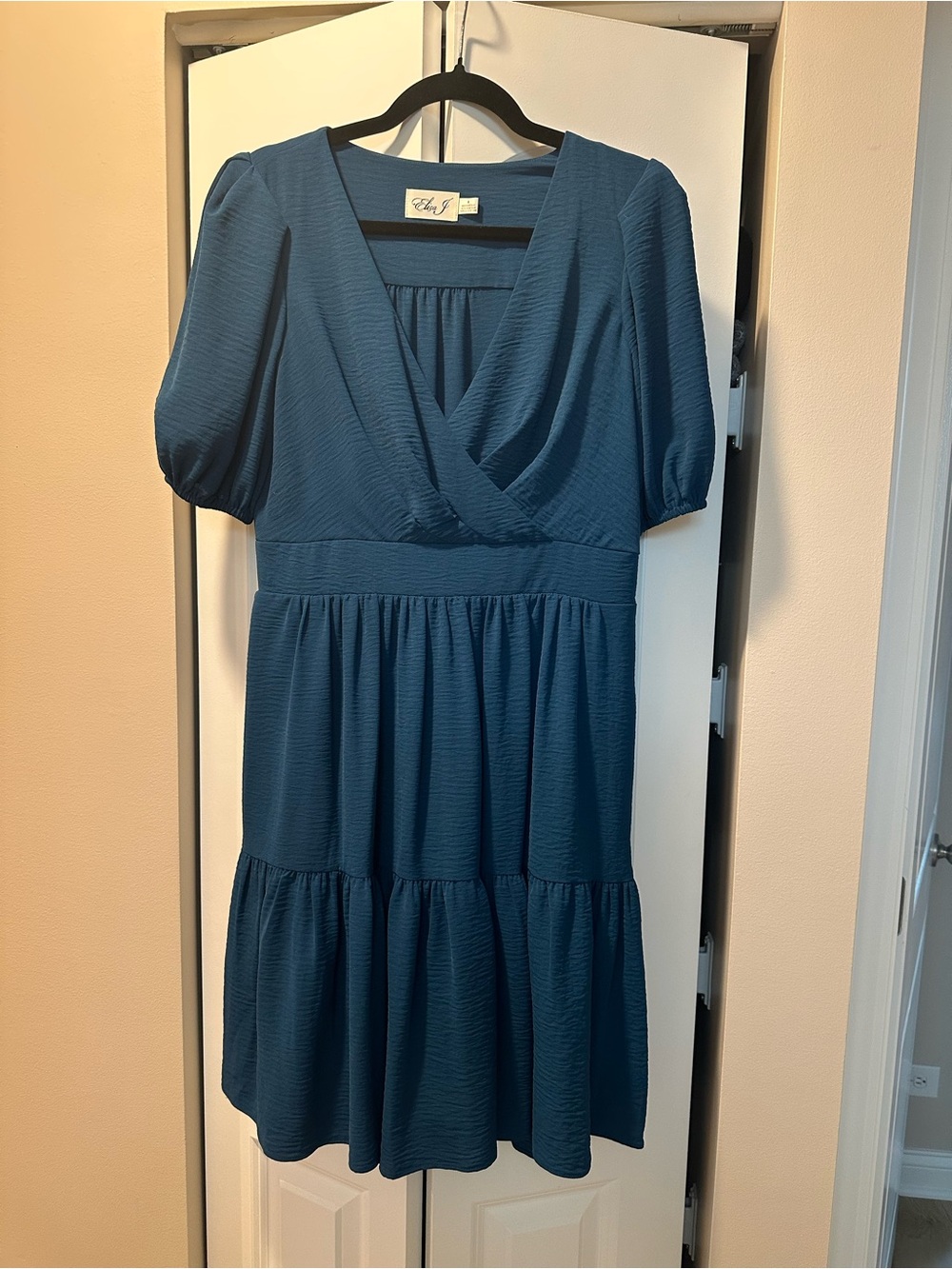 Eliza J Teal Tiered Short Sleeve V-Neck Dress